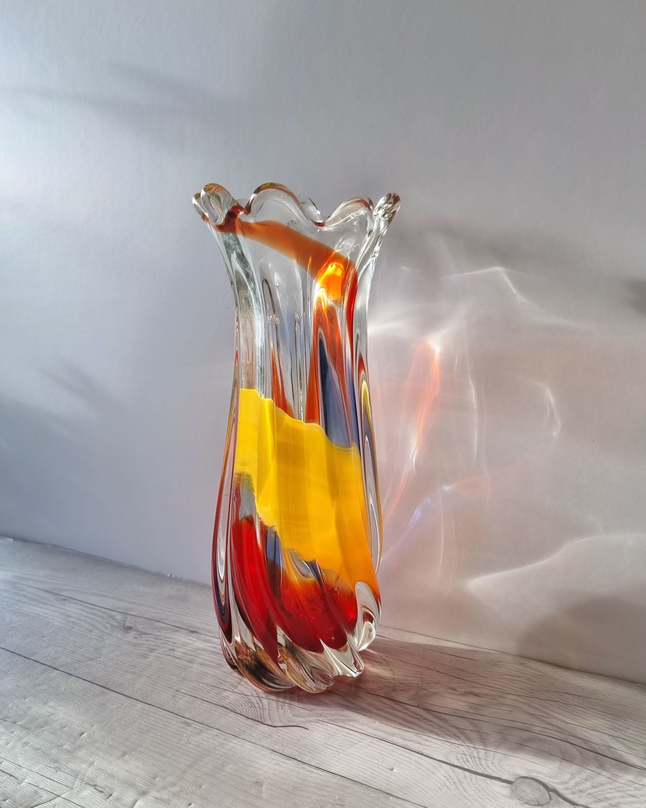 Iwatsu Hineri, Sculpted Apricot, Scarlet And Azure Striped Twist Vase, 1960s 70s, Japanese photo vintage