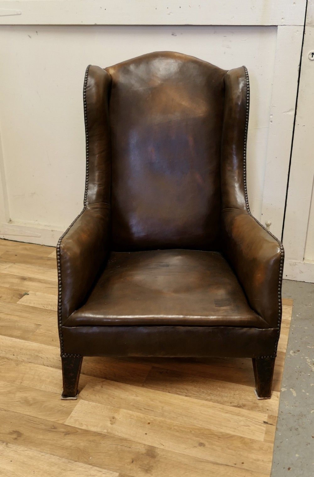 French Art Deco Wing Back Chair, In Dark Brown Leather