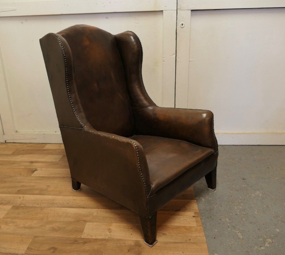 French Art Deco Wing Back Chair, In Dark Brown Leather photo Furniture