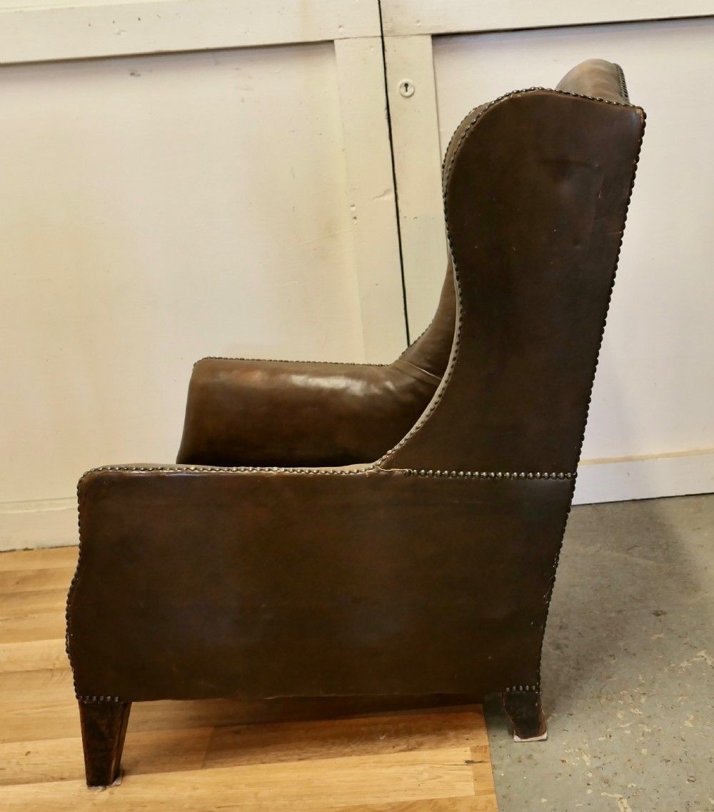 French Art Deco Wing Back Chair, In Dark Brown Leather photo 1500.0