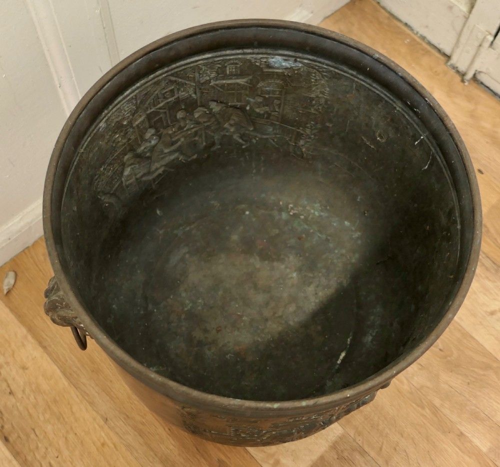 Arts And Crafts Brass Log Or Coal Bin, With Tavern Scenes photo 474.0