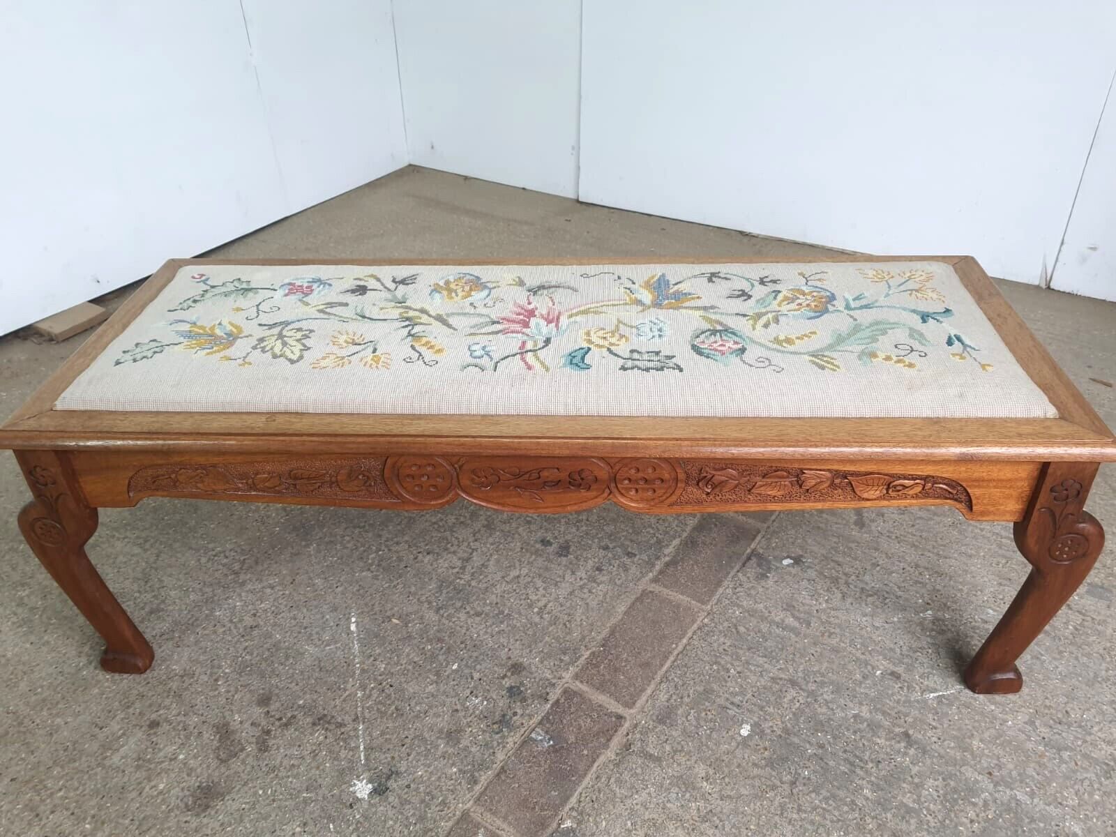 Vintage Beech Fender Double Stool Embroidered Fabric Floral Carved Cabriole Legs photo furniture