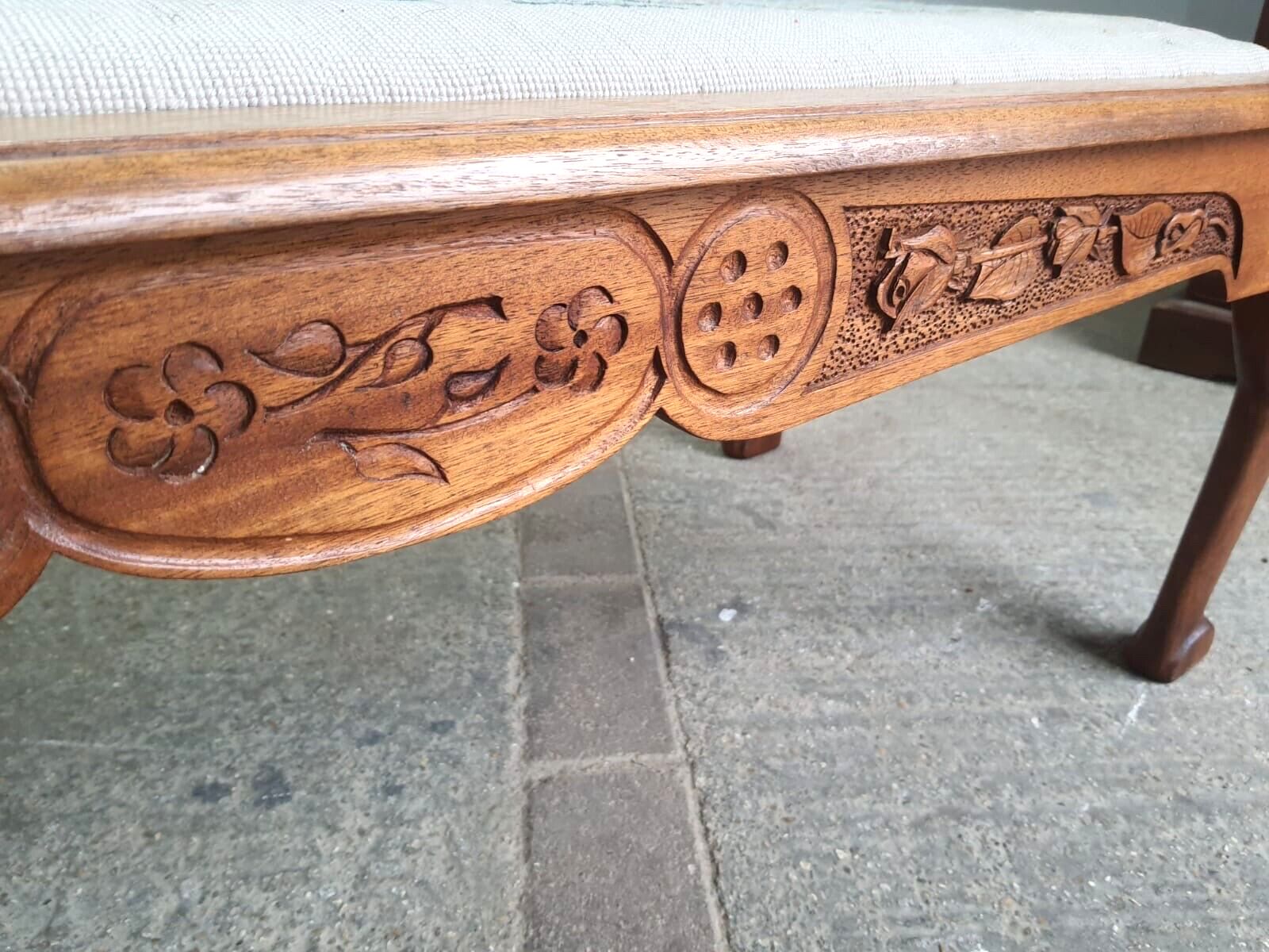 Vintage Beech Fender Double Stool Embroidered Fabric Floral Carved Cabriole Legs photo 240.0