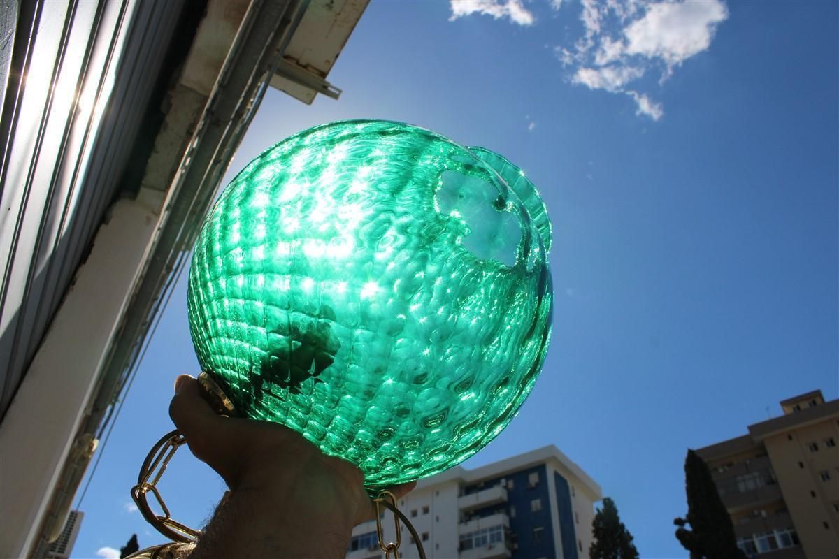 photo furniture Round Green Lantern Italian Design Murano Glass Brass Parts Venini, 1950s