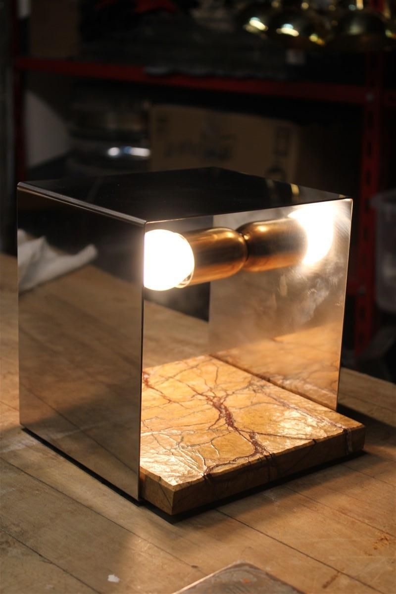 Minimal Square Steel Italian Table Lamp Brass Marble Silver Gold, 1970s photo 2051.0