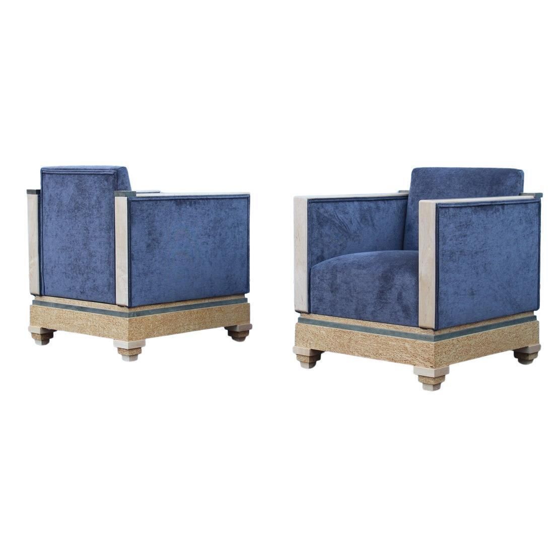 Art Decò Cockpit Armchairs In Maple Birch Burl 1930 Gray Velvet Italian Design