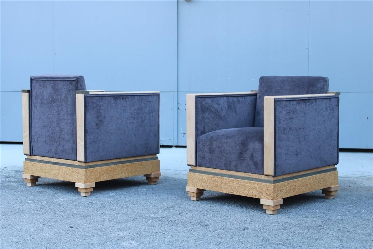 Art Decò Cockpit Armchairs In Maple Birch Burl 1930 Gray Velvet Italian Design photo furniture