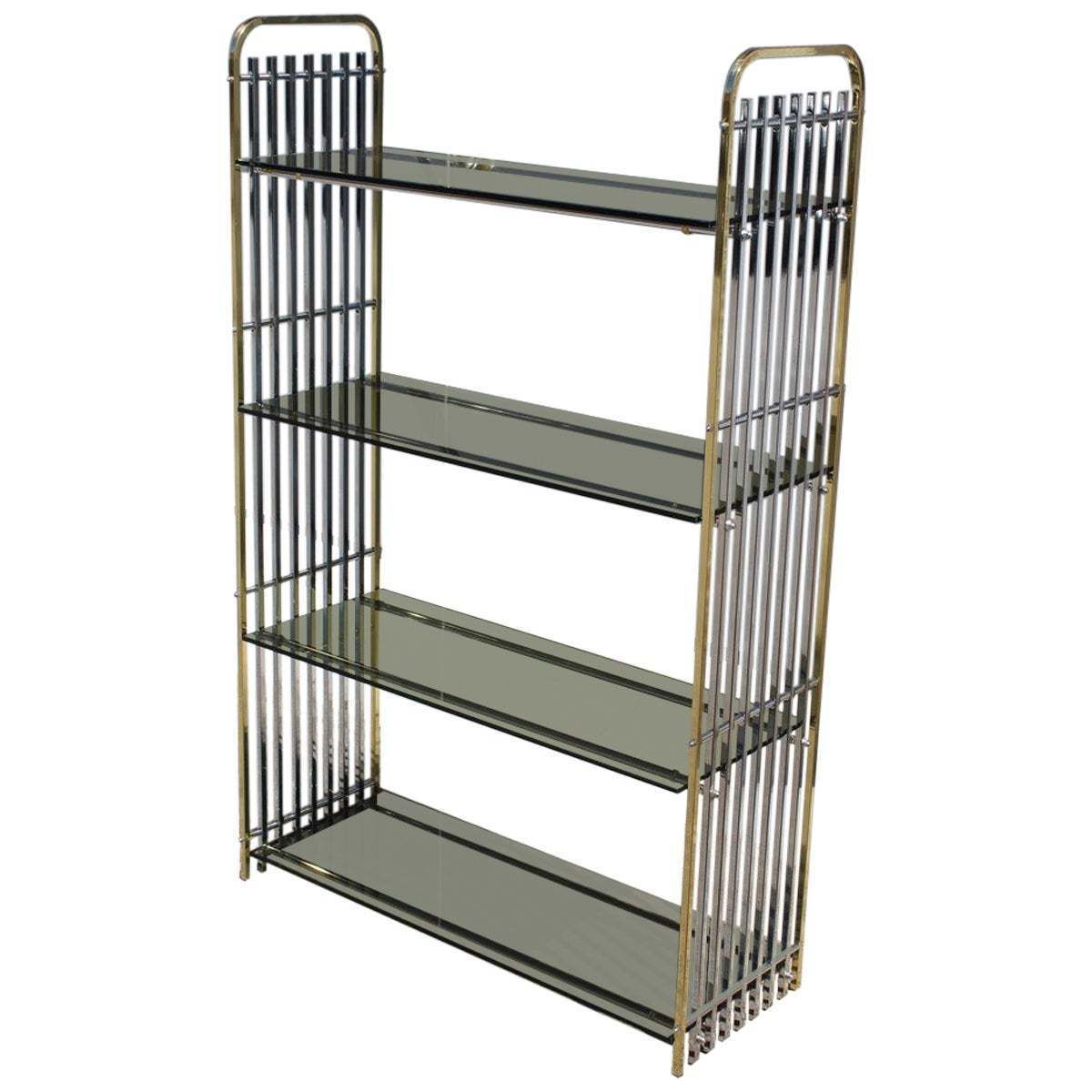Romeo Rega 1970s Italian Shelf In Brass And Chrome Minimalist Glass Shelves