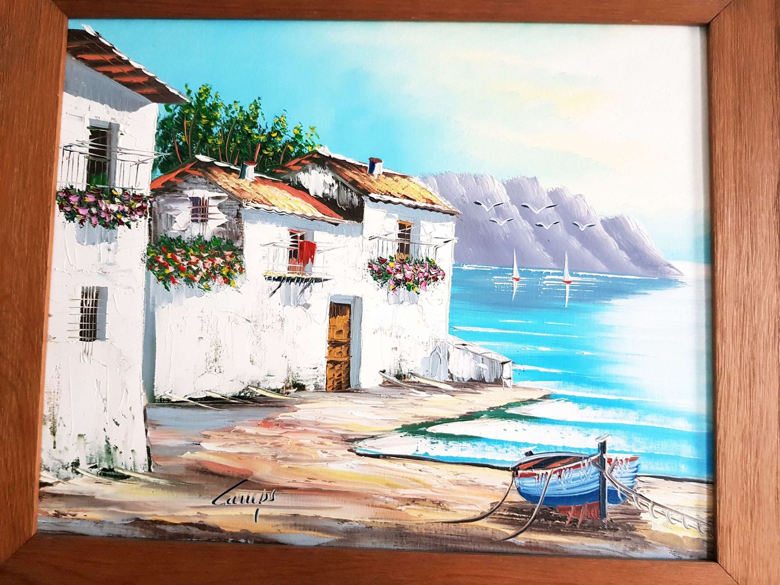 Large Oil Painting Of Mediterranean Harbour Scene photo Art