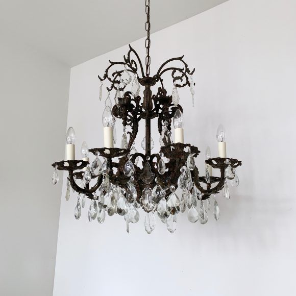 Large French Heavy Cast Brass Chandelier With Crystal Pears And Glass Flat Leaf Drops photo Lighting