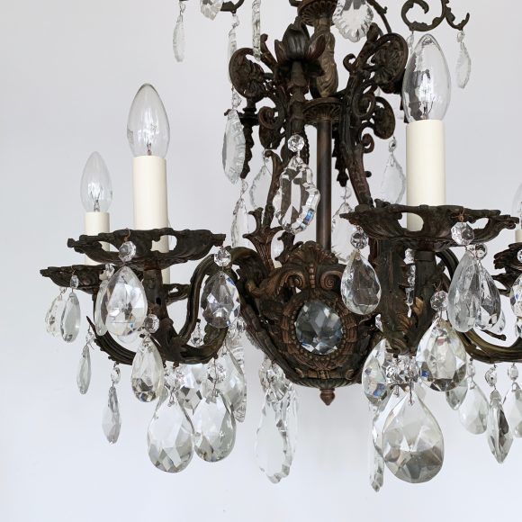 Large French Heavy Cast Brass Chandelier With Crystal Pears And Glass Flat Leaf Drops photo vintage