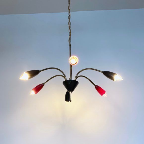 photo furniture Mid Century Brass Sputnik Chandelier With Red And Black Shades