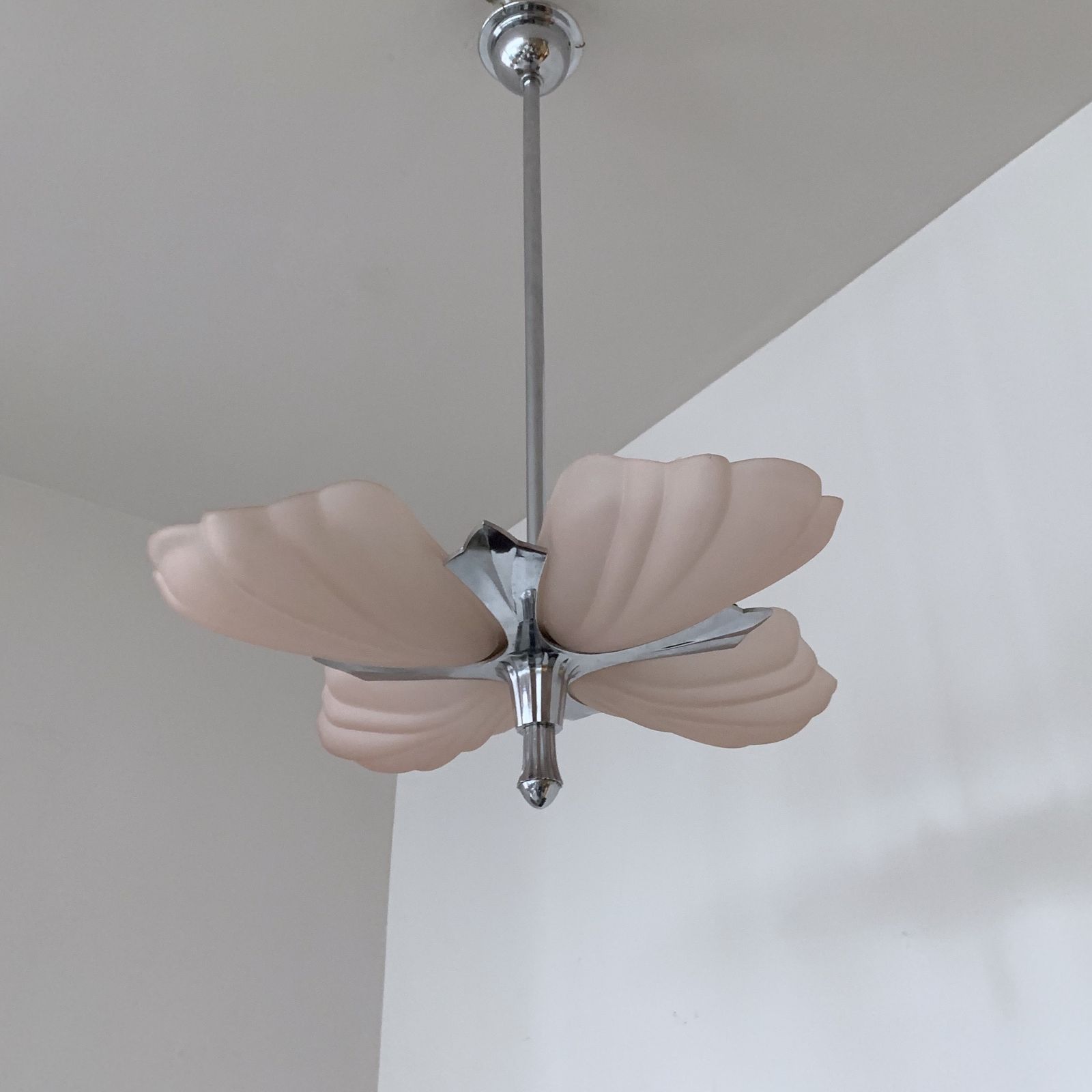 French Chrome Uplighter With Frosted Pink Scallop Shades photo for sale