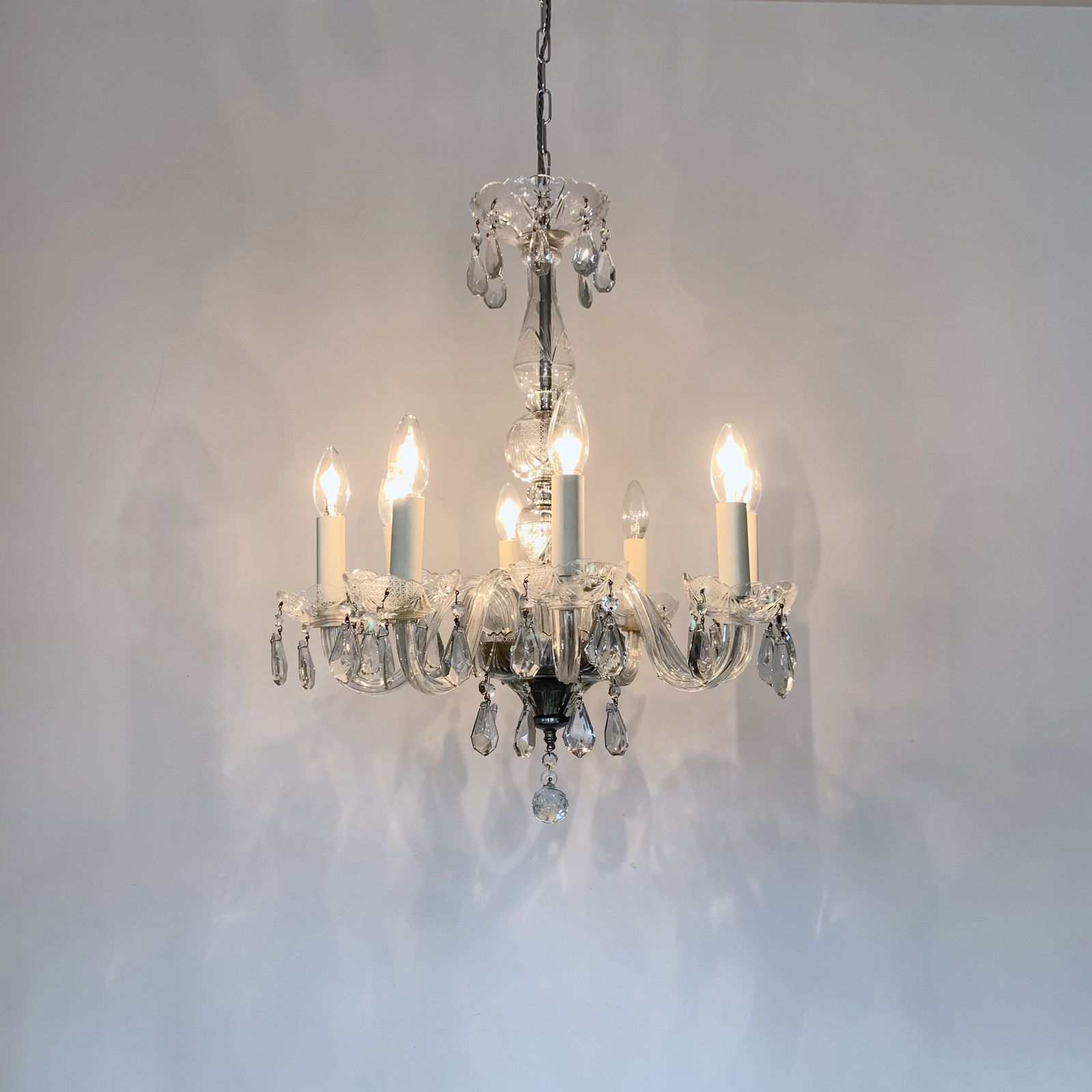 photo furniture Large French Glass Swan Neck Chandelier With Cut Glass Details