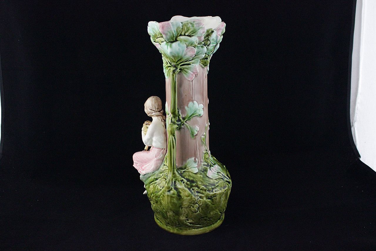photo for sale Pair Of Vases With Reliefs Of Children And Foliage In Art Nouveau Style, Early 20th Century
