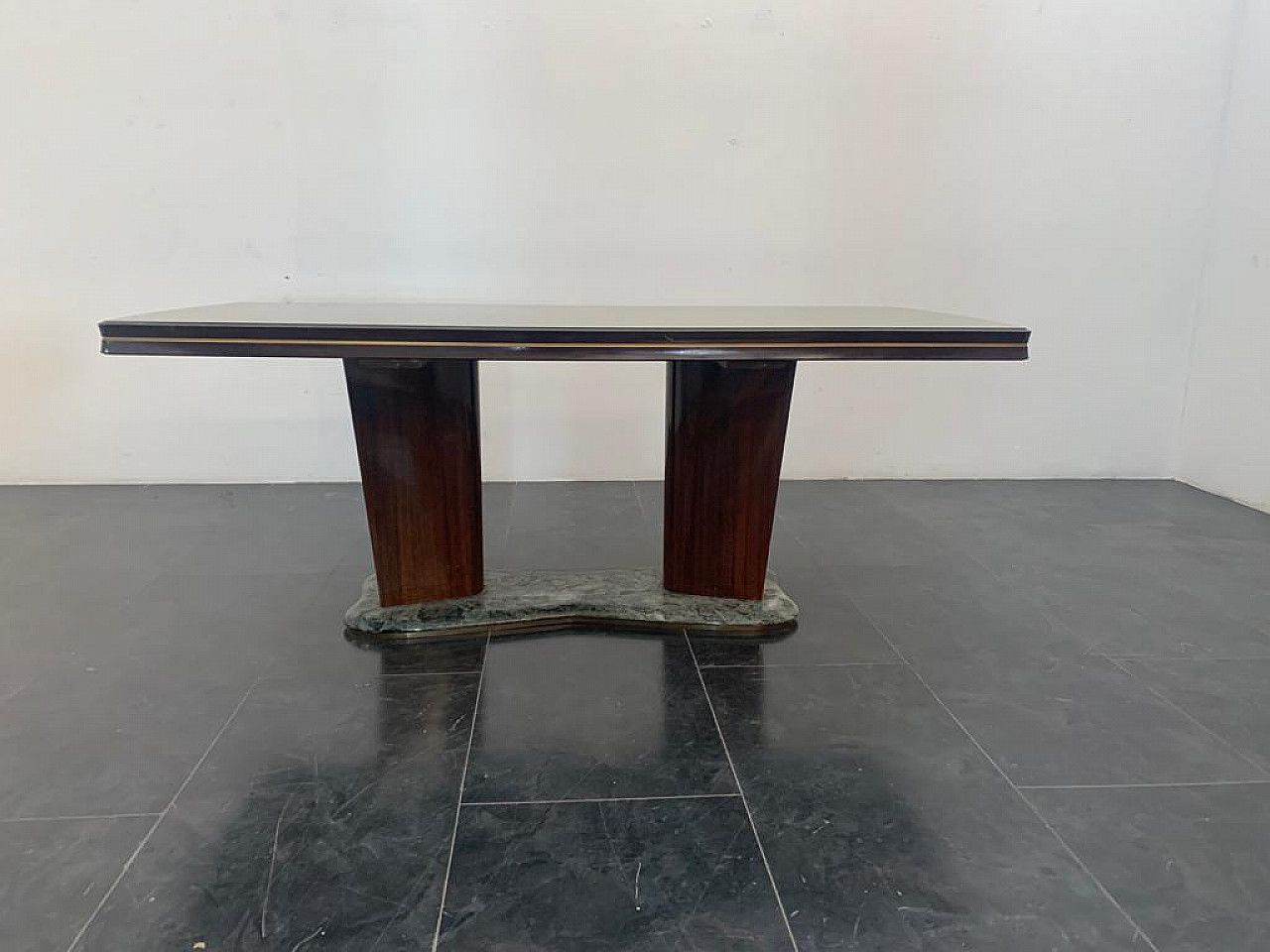 Rosewood Table With Glass Top And Green Alpi Marble Base By Vittorio Dassi For Dassi, 1950s photo vintage
