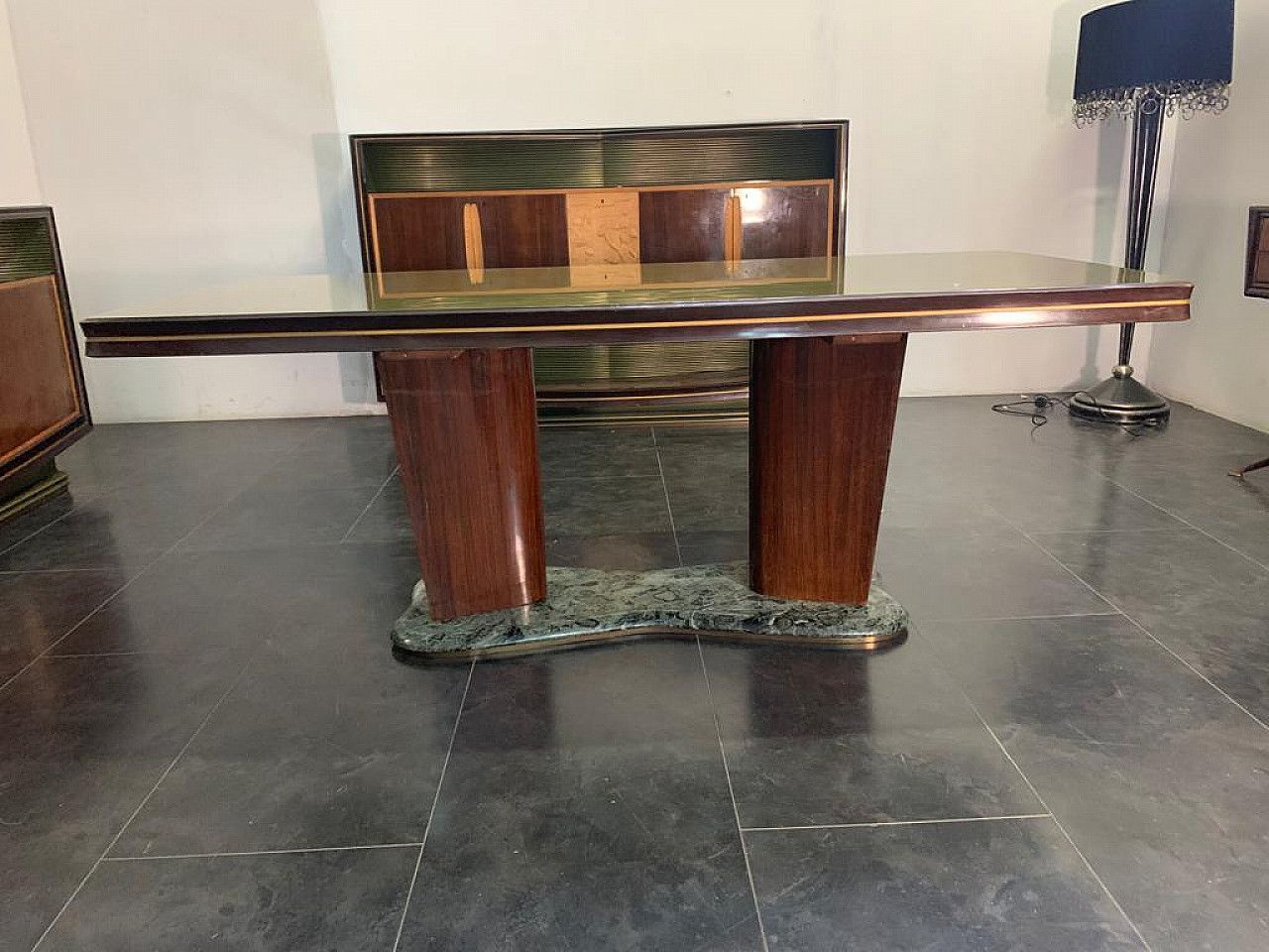 photo vintage Rosewood Table With Glass Top And Green Alpi Marble Base By Vittorio Dassi For Dassi, 1950s
