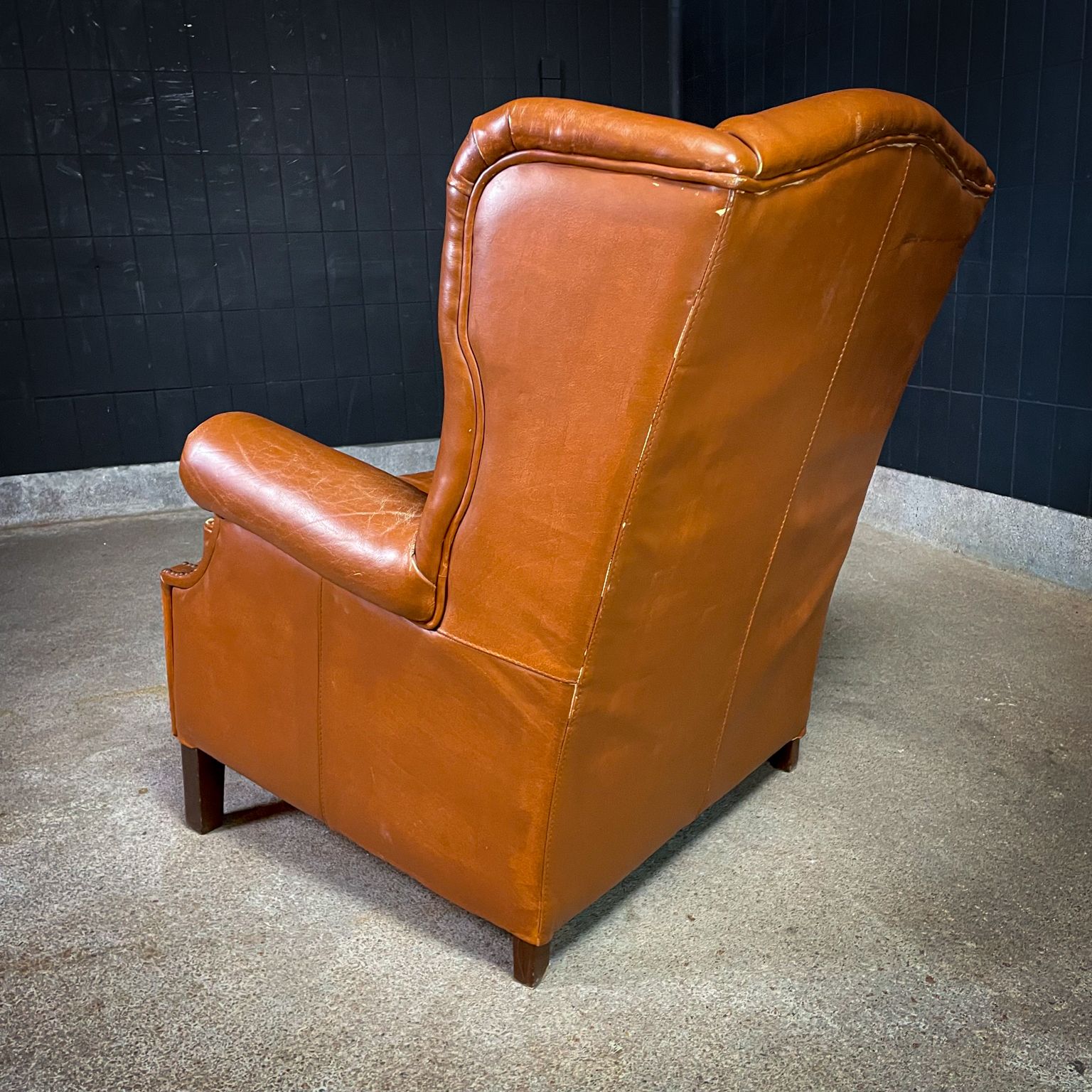 photo furniture Vintage Cognac Sheepskin Leather Wingback Armchair