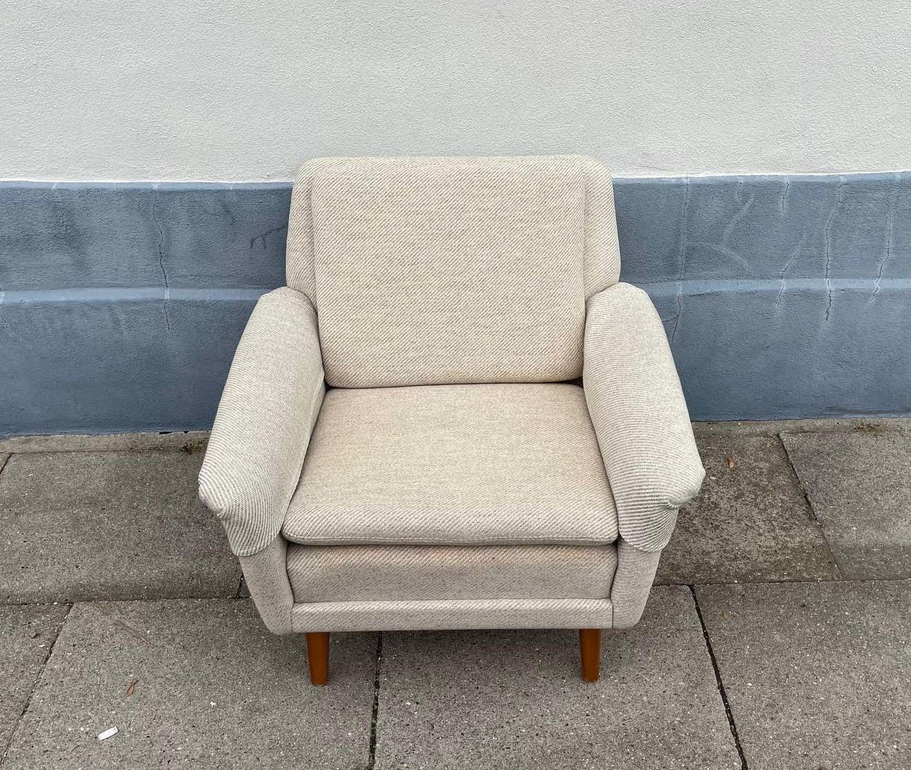 photo for sale Vintage Fritz Hansen Armchair In Off White Wool By Folke Ohlsson