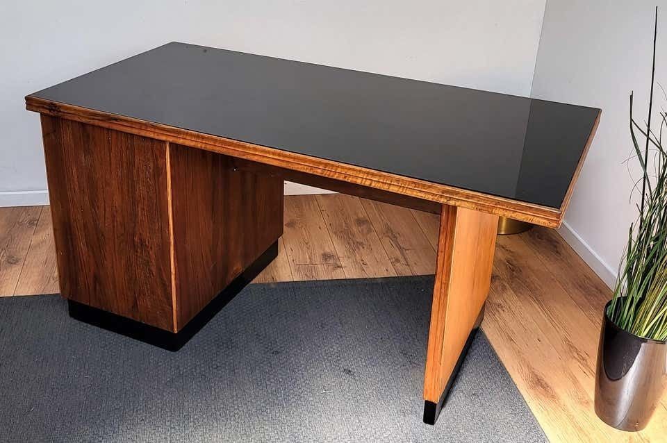1960s Italian Art Deco Midcentury Walnut Brass Desk Writing Table photo vinterior