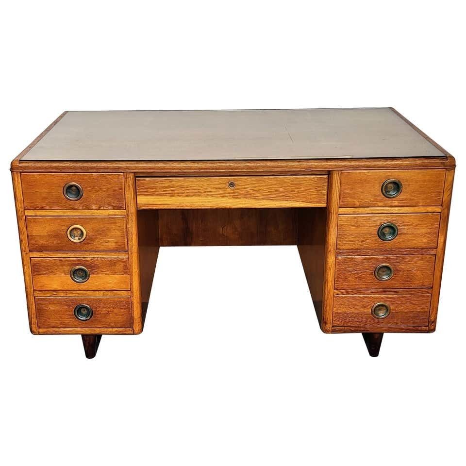 1950s Mid Century Modern Italian Walnut Wood Brass And Glass Writing Desk Table