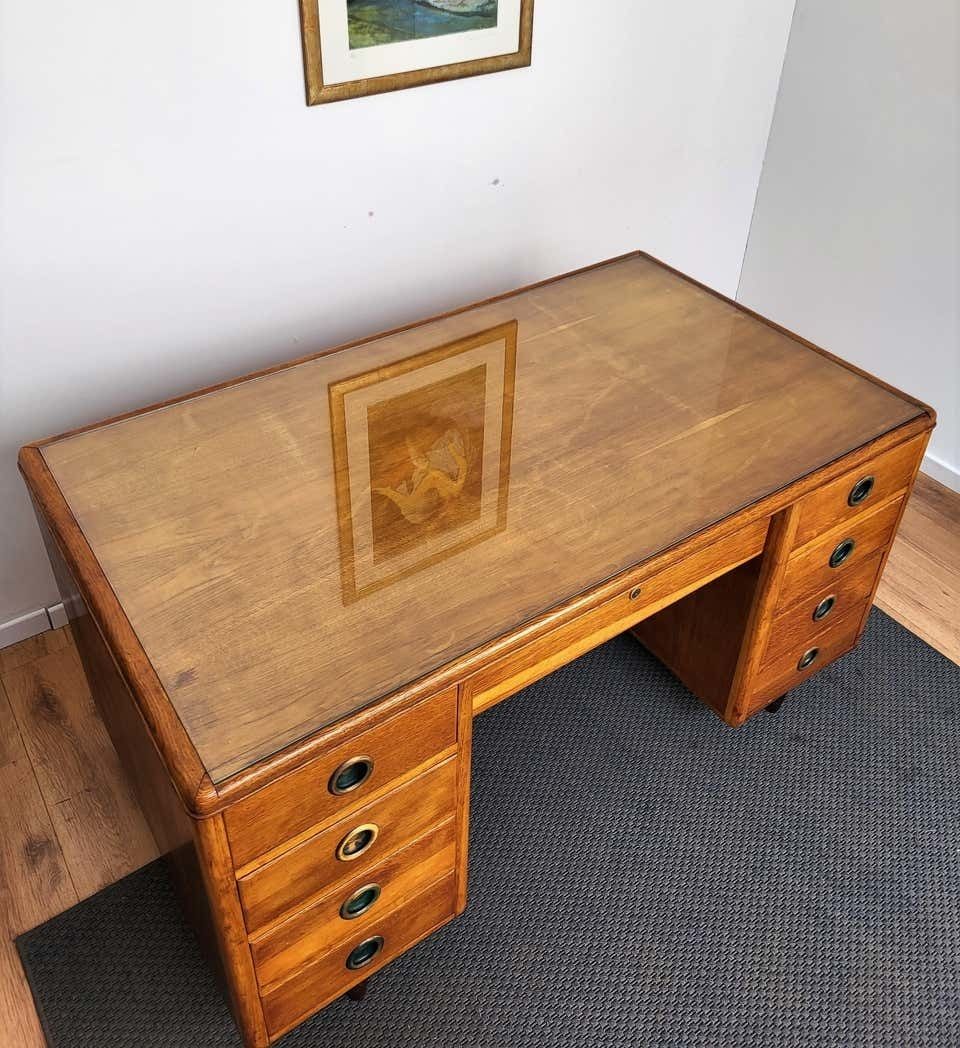 photo furniture 1950s Mid Century Modern Italian Walnut Wood Brass And Glass Writing Desk Table