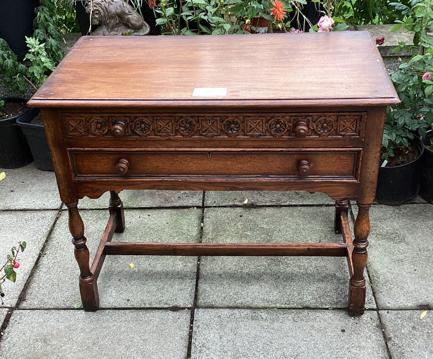 1954 Carved Oak Table / Large Canteen With Silver Plaque. Gifted To Mrs Craggs
