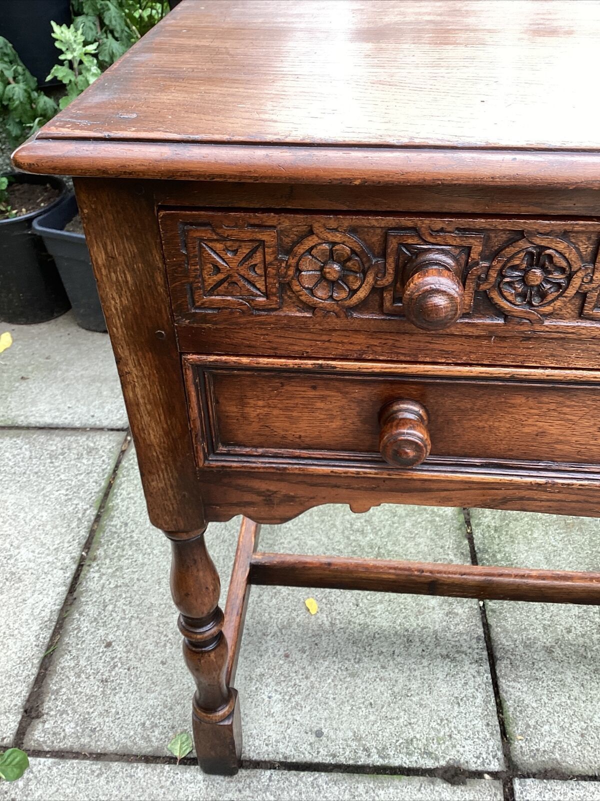 1954 Carved Oak Table / Large Canteen With Silver Plaque. Gifted To Mrs Craggs photo vintage