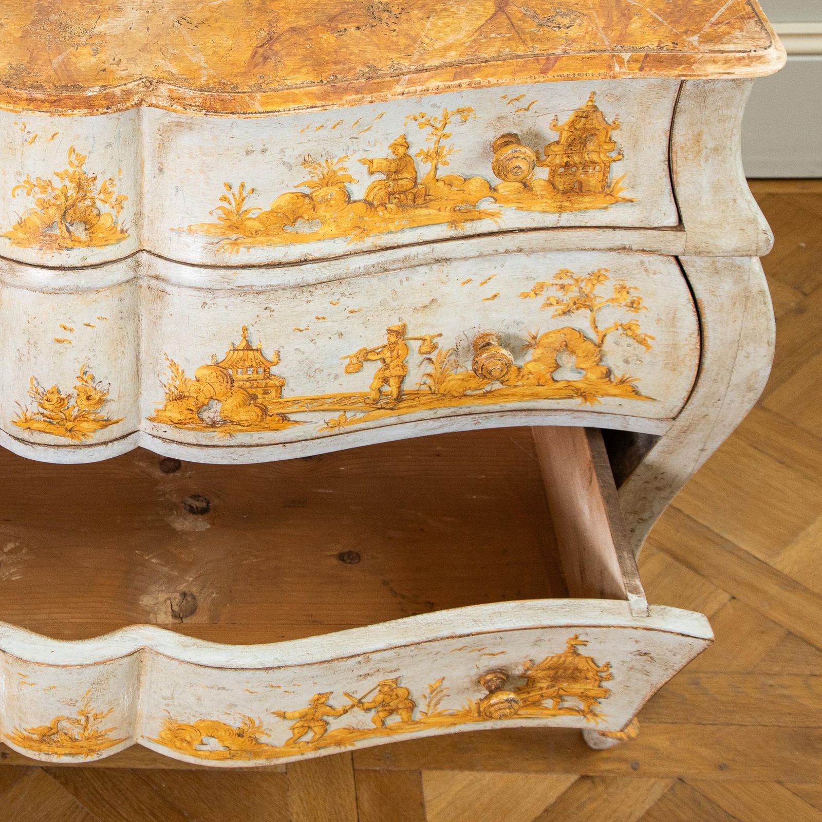 Furniture Late 19th C. Venetian Chest Painted In Chinoiserie Stye Of Blue & Yellow Ochres photo