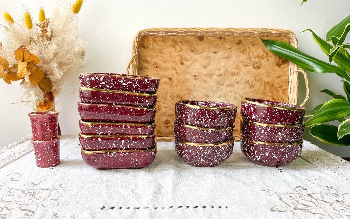 Serving Tray 12 Speckled Burgundy Gold Ceramic Ramekins ~ Speckled Burgundy Ceramic Bowl ~ Aperitif Service ~ Breakfast photo furniture