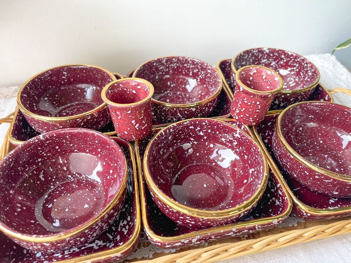 Serving Tray 12 Speckled Burgundy Gold Ceramic Ramekins ~ Speckled Burgundy Ceramic Bowl ~ Aperitif Service ~ Breakfast photo Home Decor