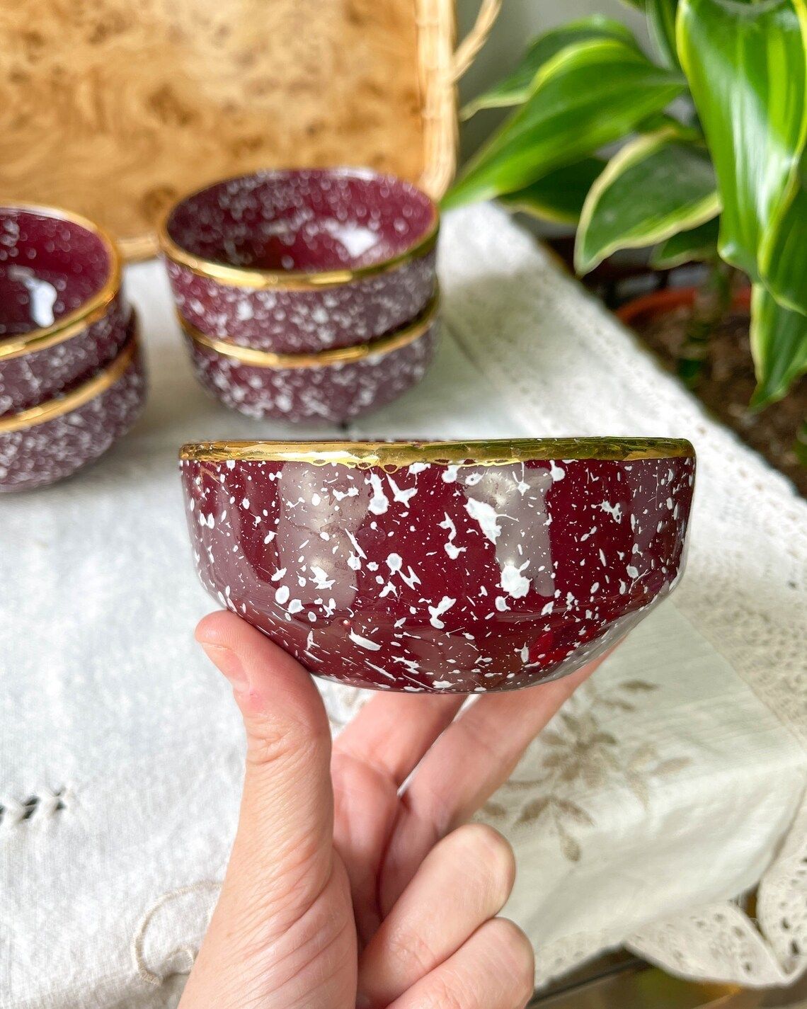Serving Tray 12 Speckled Burgundy Gold Ceramic Ramekins ~ Speckled Burgundy Ceramic Bowl ~ Aperitif Service ~ Breakfast photo buy