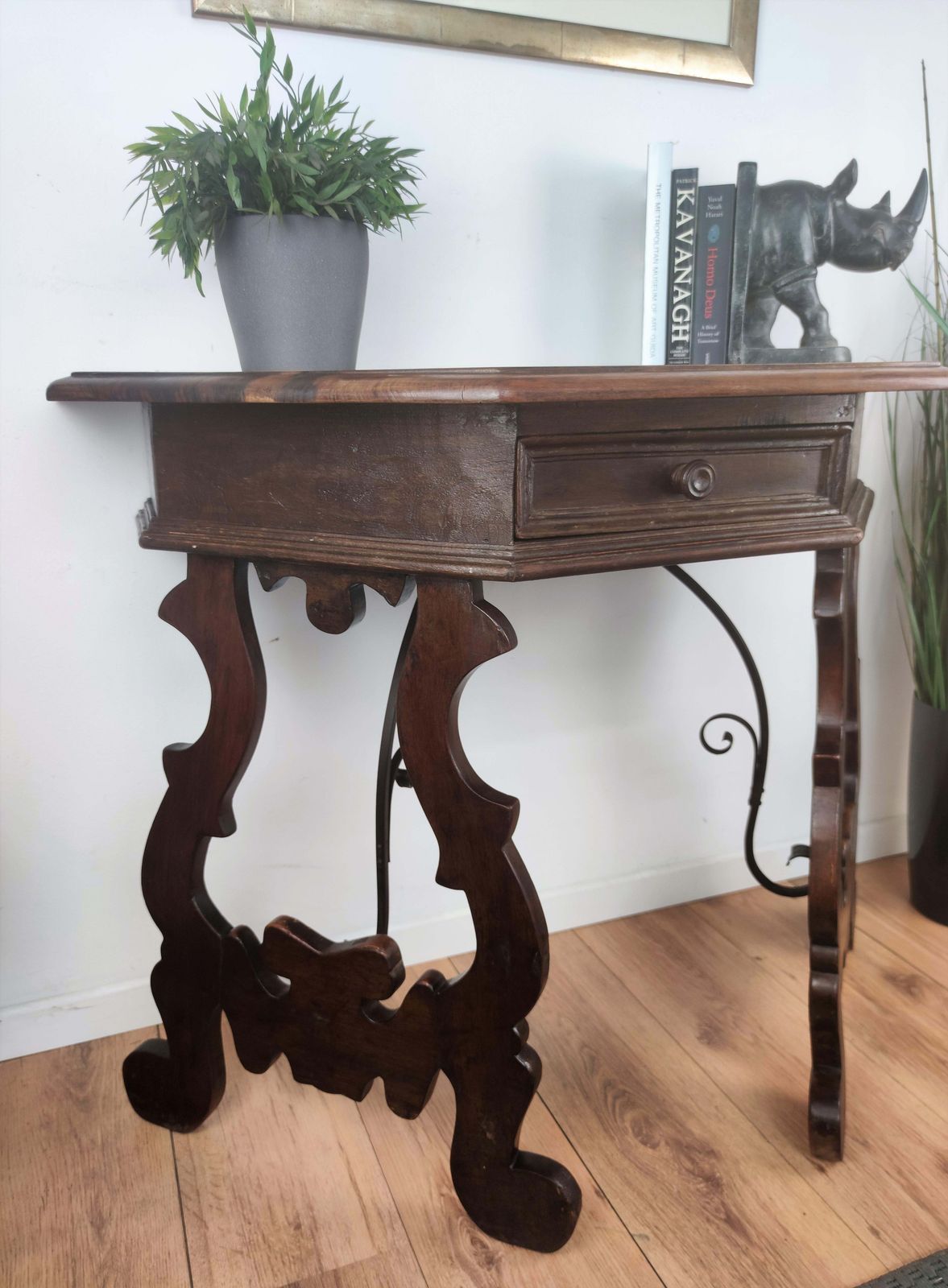 19th Century Solid Walnut Baroque Lyre Leg Inlay Demi Lune Console Table photo 1779.0
