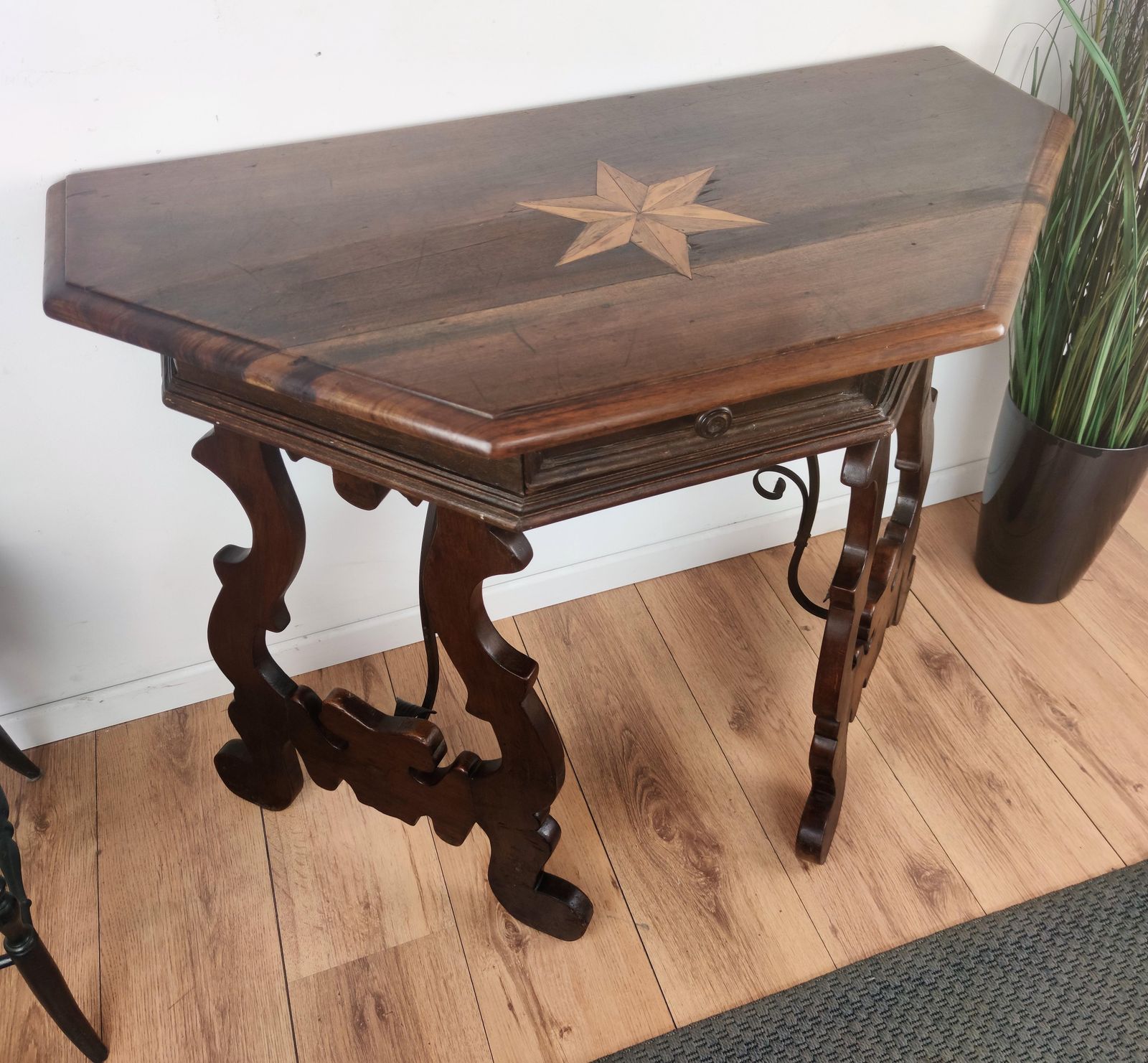 19th Century Solid Walnut Baroque Lyre Leg Inlay Demi Lune Console Table photo vintage