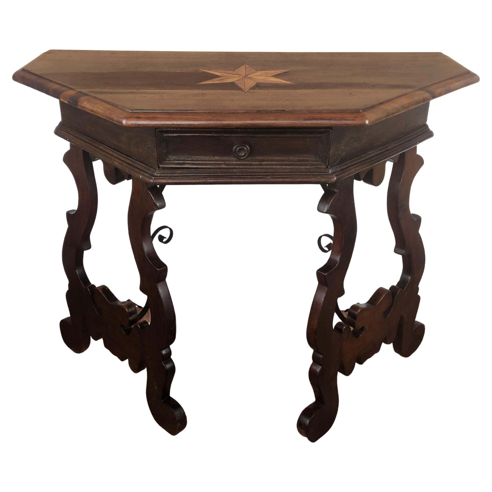 19th Century Solid Walnut Baroque Lyre Leg Inlay Demi Lune Console Table