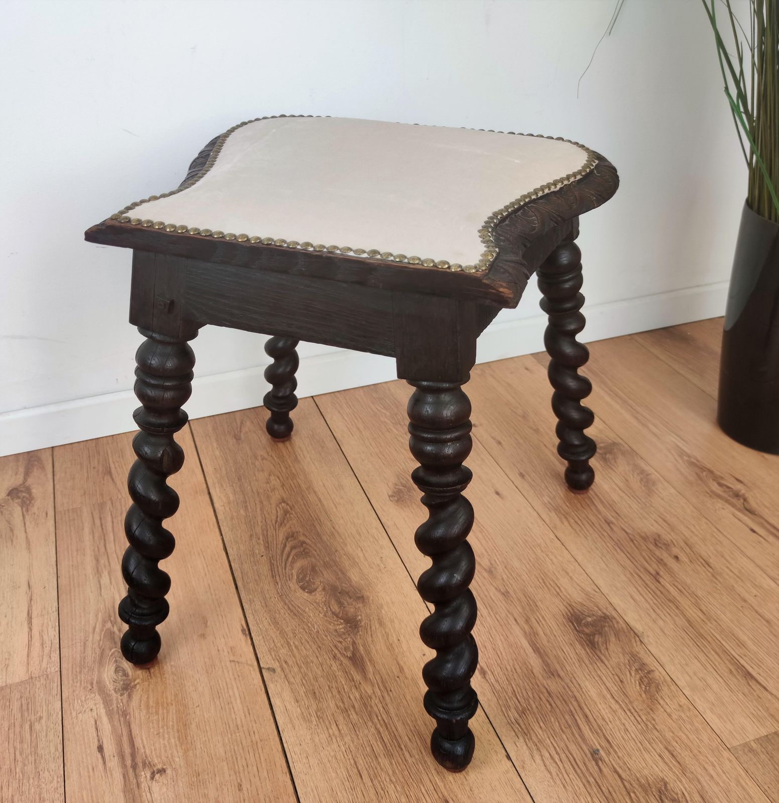 Antique Needlepoint Re Upholstered Carved Beveled Top Barley Twist Legs Stool photo vinterior