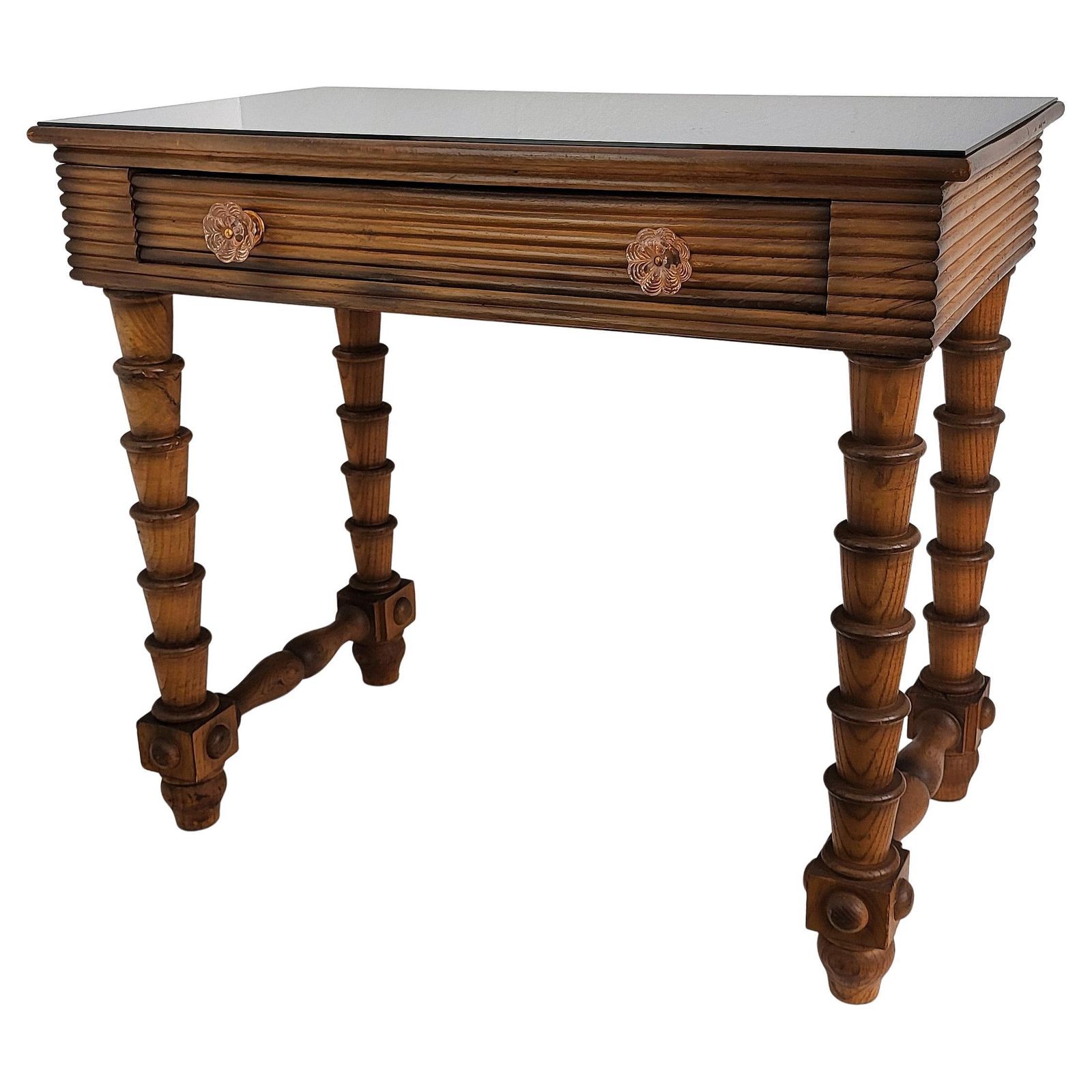 1960s Italian Art Deco Mid Century Walnut Brass Glass Top Desk Writing Table