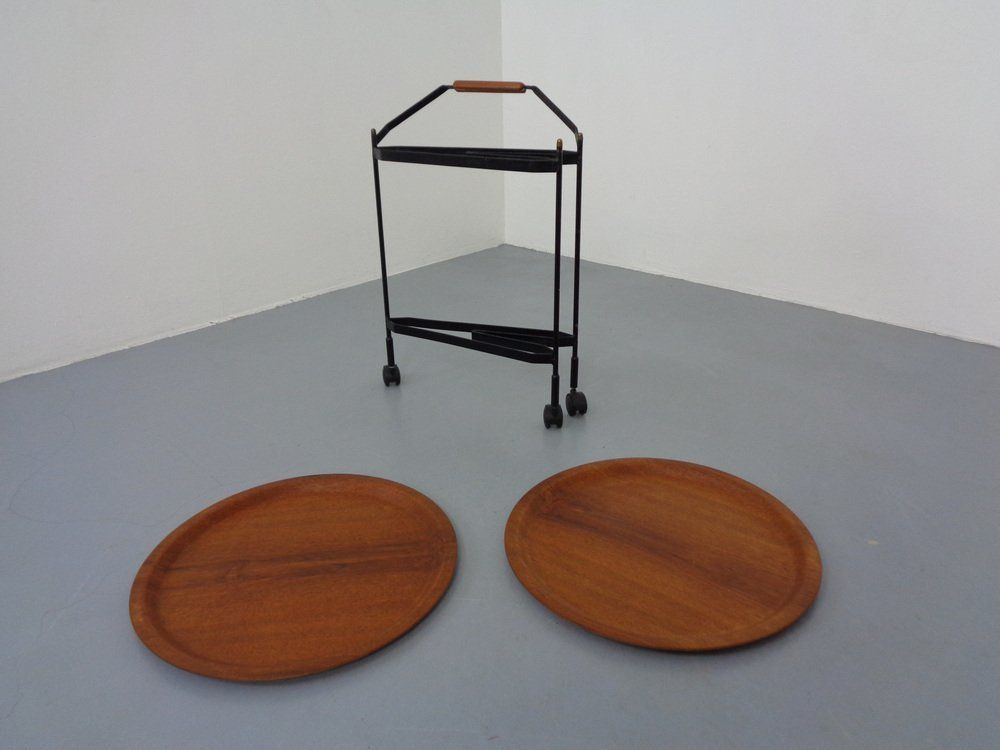 Furniture Mid Century Folding Teak & Metal Serving Bar Cart 1960s photo