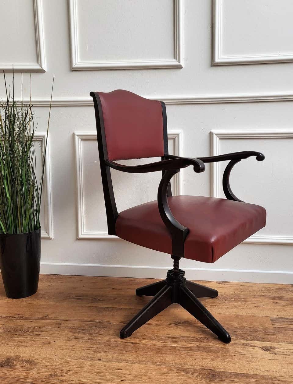 1970s Italian Bordeaux Leather & Wood Open Arm Turning Office Desk Chair photo furniture