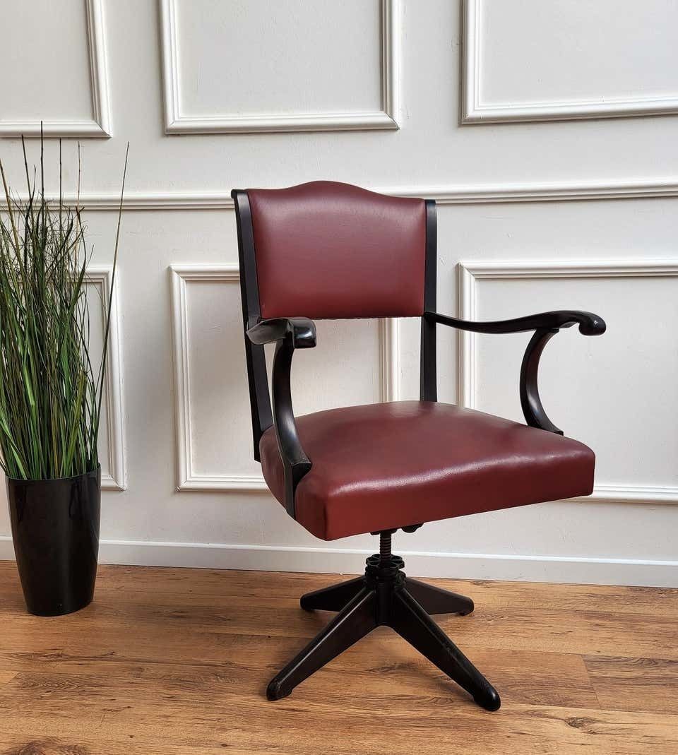 1970s Italian Bordeaux Leather & Wood Open Arm Turning Office Desk Chair photo for sale