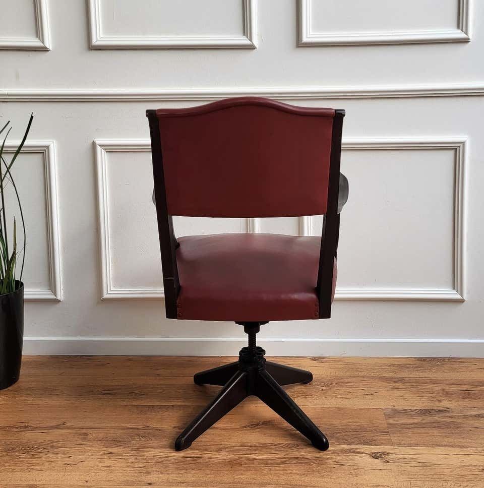 1970s Italian Bordeaux Leather & Wood Open Arm Turning Office Desk Chair photo vinterior