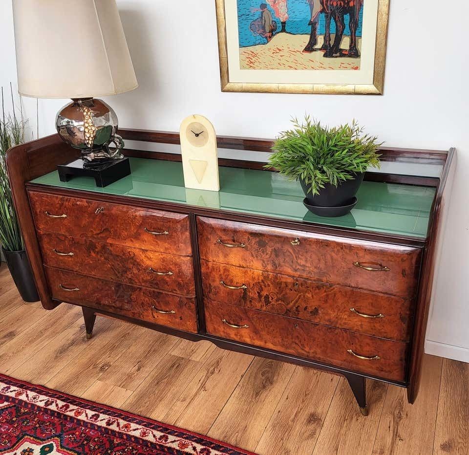1960s Italian Art Deco Mid Century Modern Wood, Glass And Brass Chest Of Drawers photo vinterior