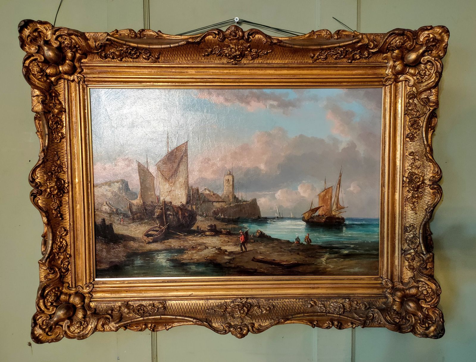 Oil Painting   19th Century Continental Scene W/ Fishermen In A Harbour photo furniture