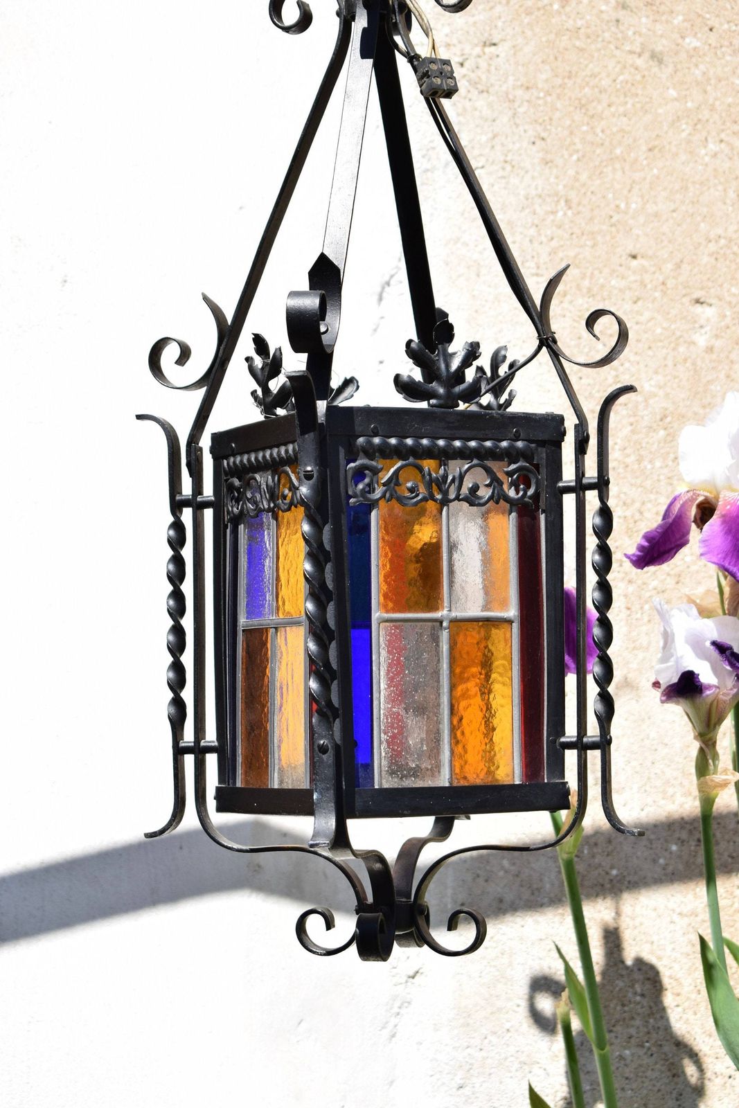 Stained Glass Black Lantern Chandelier Hall Porch Vintage photo for sale
