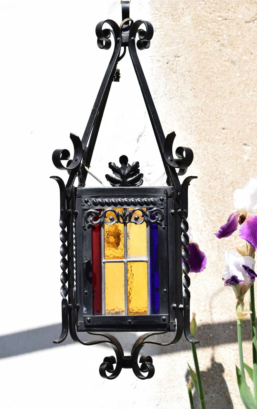 Stained Glass Black Lantern Chandelier Hall Porch Vintage photo 549.0