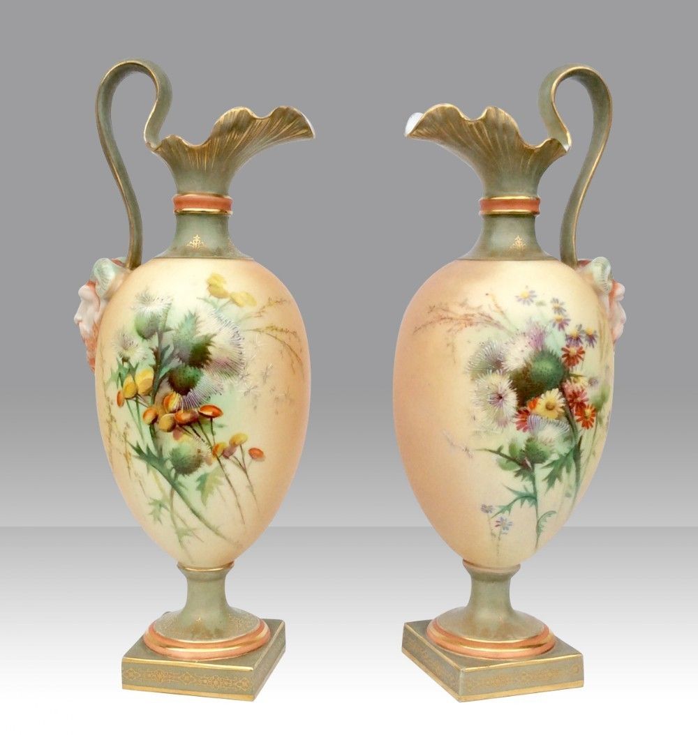 Beautiful Pair Of Antique Royal Worcester Pedestal Ewers Vases. photo buy