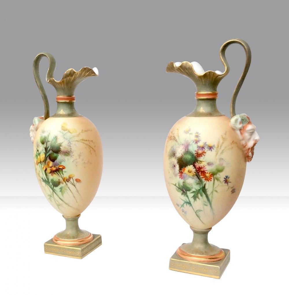 Beautiful Pair Of Antique Royal Worcester Pedestal Ewers Vases. photo vintage