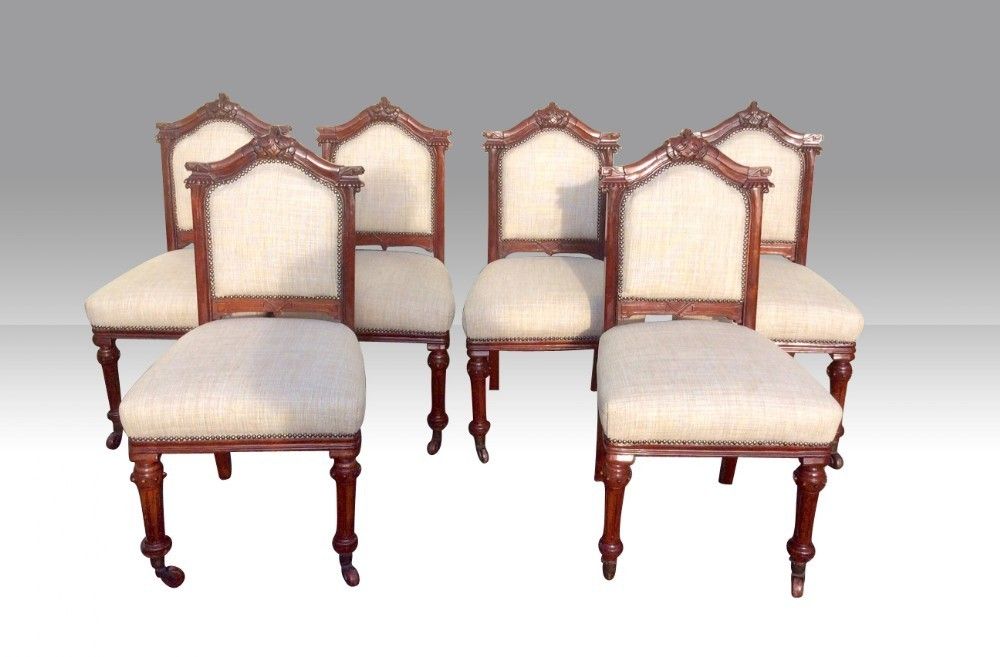 Set Of Six Antique Mahogany Upholstered Dining Chairs.