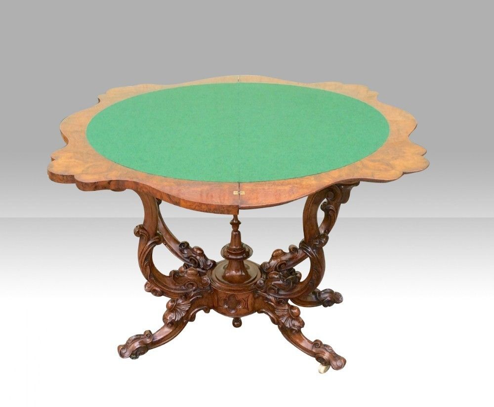 Antique Burr Walnut Serpentine Shaped Antique Games Card Table photo furniture
