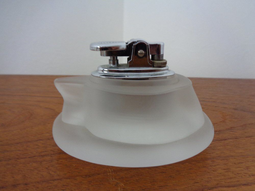 photo vinterior French Horse Lighter & Ashtray In Frosted Crystal Glass, 1960s, Set Of 3